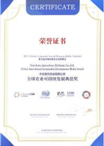 全球农业可持续 发展典范 奖状